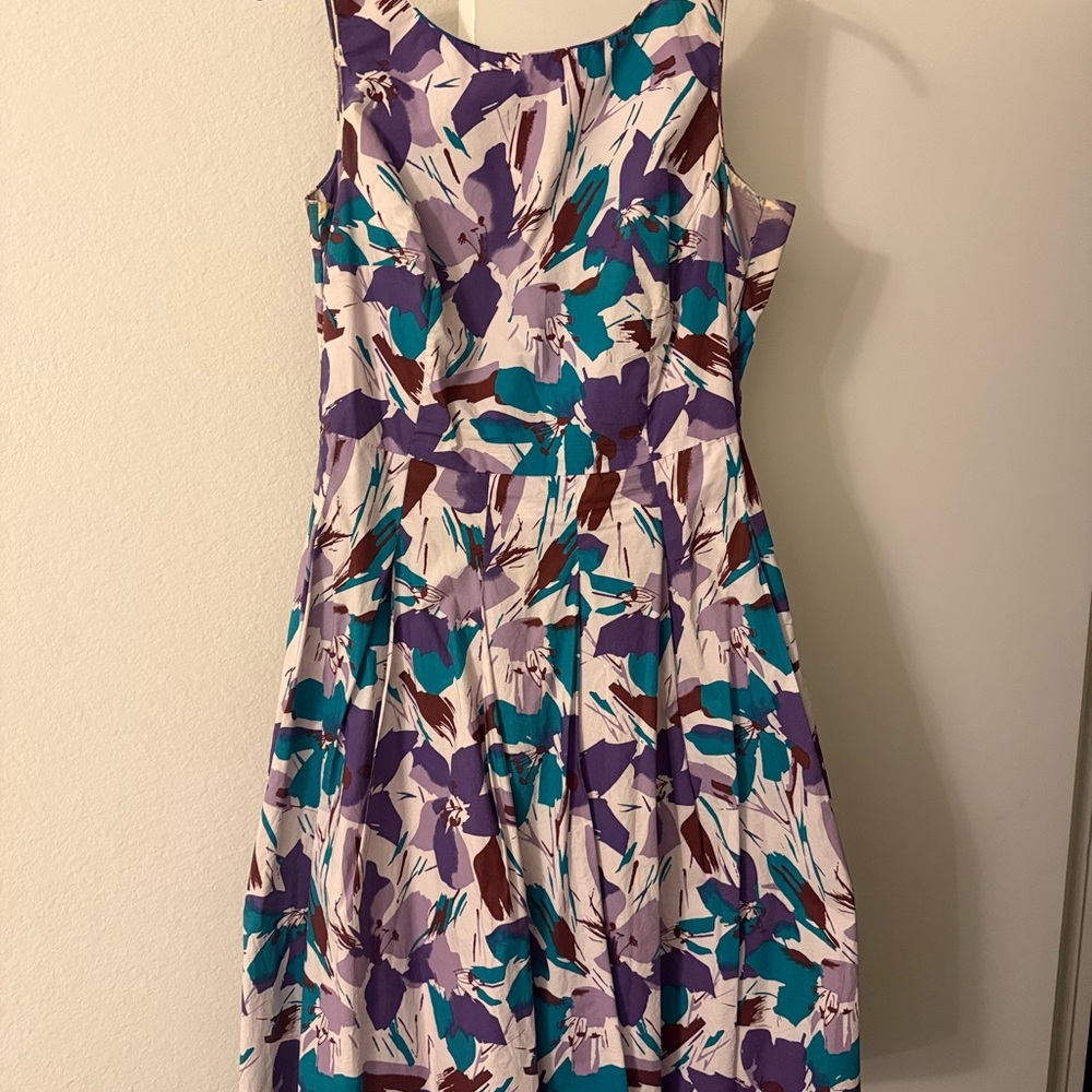 Carole Little 10 Floral pleated Cotton Sundress Purples Teal Fit & Flare preppy